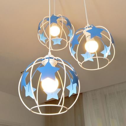 Lampadario a sospensione per bambini STARS 3xE27/15W/230V blu/bianco
