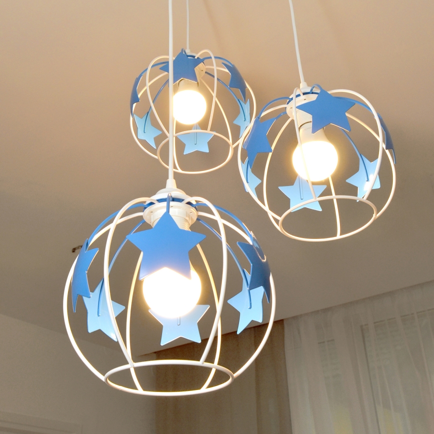 Lampadario a sospensione per bambini STARS 3xE27/15W/230V blu/bianco
