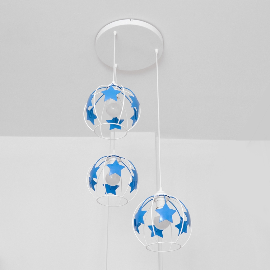 Lampadario a sospensione per bambini STARS 3xE27/15W/230V blu/bianco