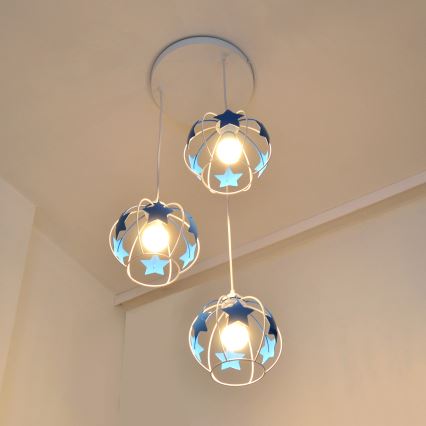 Lampadario a sospensione per bambini STARS 3xE27/15W/230V blu/bianco