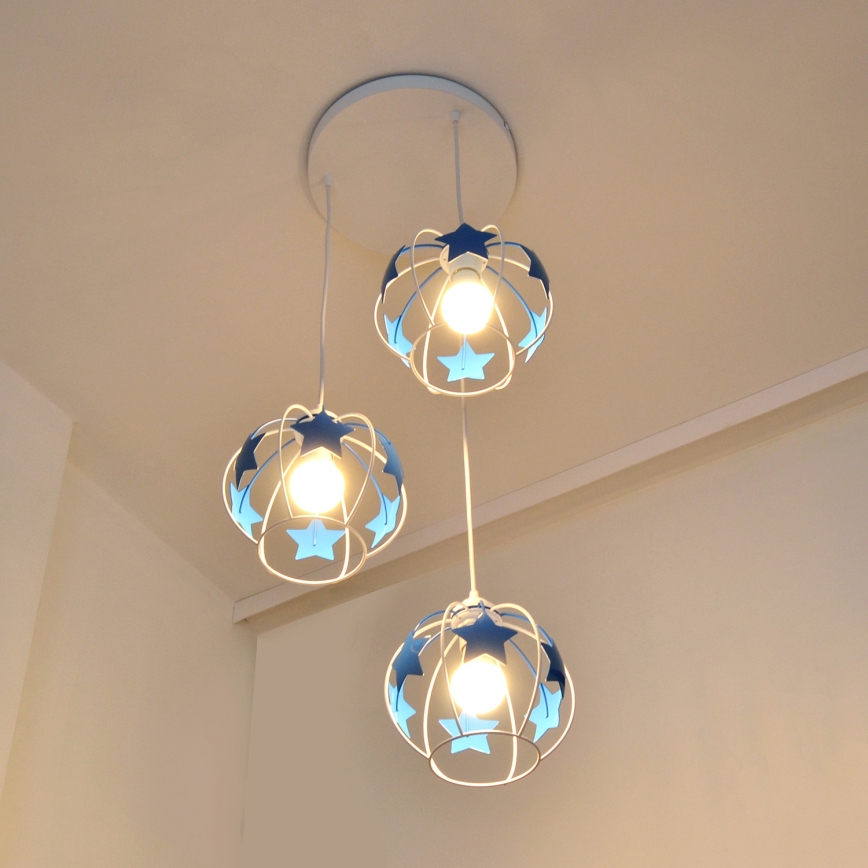 Lampadario a sospensione per bambini STARS 3xE27/15W/230V blu/bianco