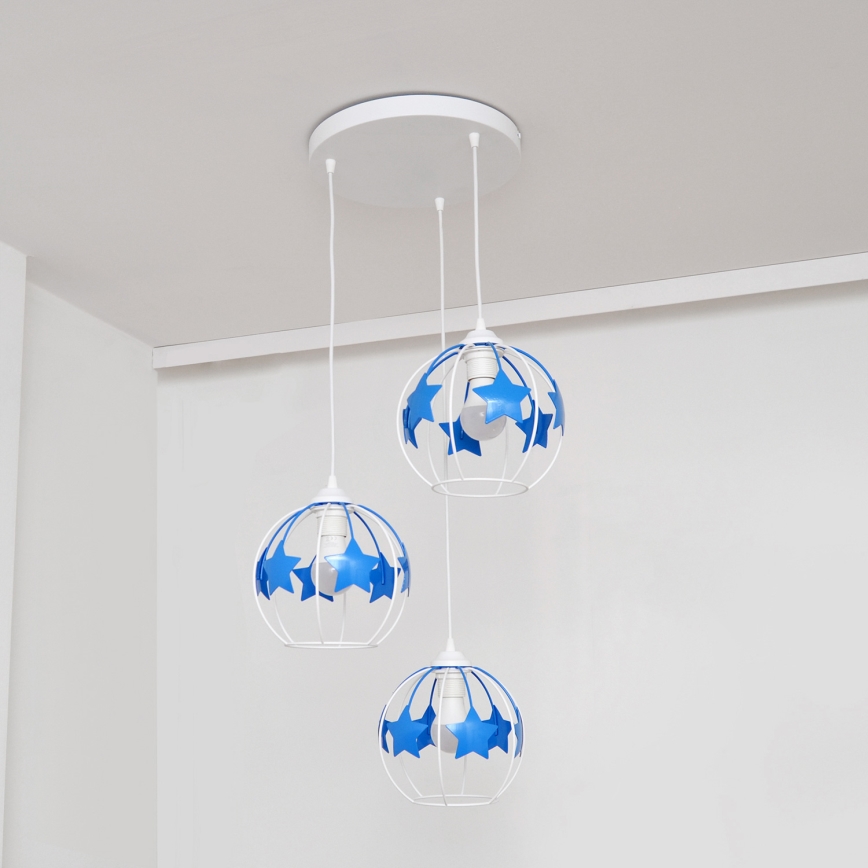 Lampadario a sospensione per bambini STARS 3xE27/15W/230V blu/bianco
