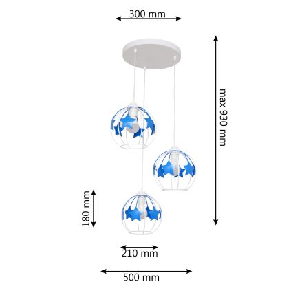 Lampadario a sospensione per bambini STARS 3xE27/15W/230V blu/bianco