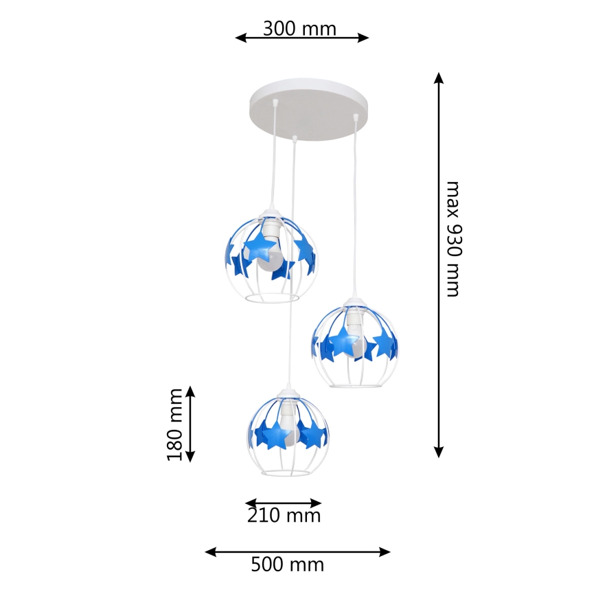 Lampadario a sospensione per bambini STARS 3xE27/15W/230V blu/bianco