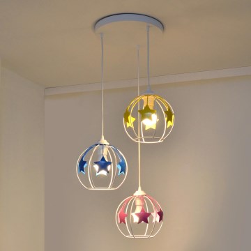 Lampadario a sospensione per bambini STARS 3xE27/15W/230V blu/rosa/giallo