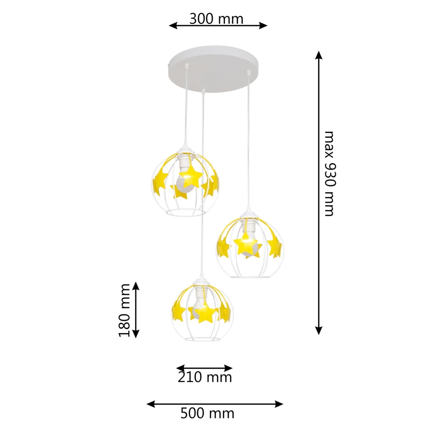 Lampadario a sospensione per bambini STARS 3xE27/15W/230V giallo/bianco