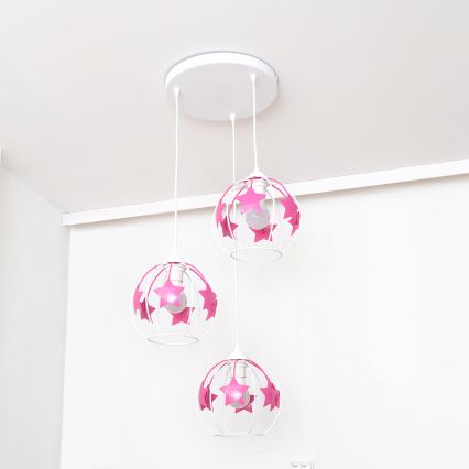 Lampadario a sospensione per bambini STARS 3xE27/15W/230V rosa/bianco