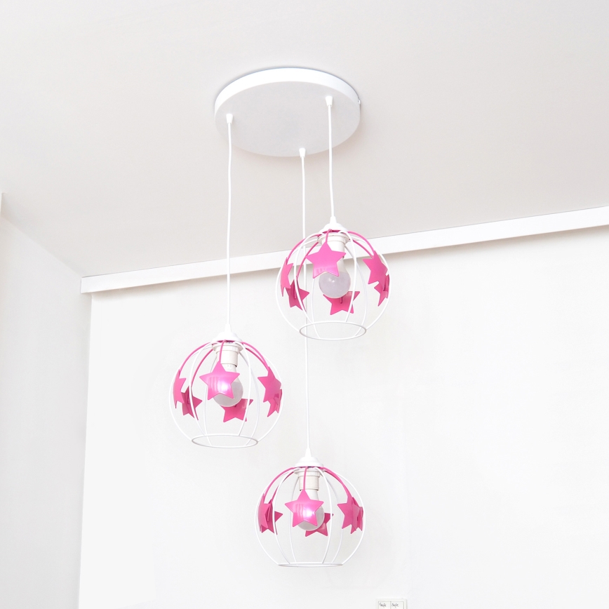 Lampadario a sospensione per bambini STARS 3xE27/15W/230V rosa/bianco