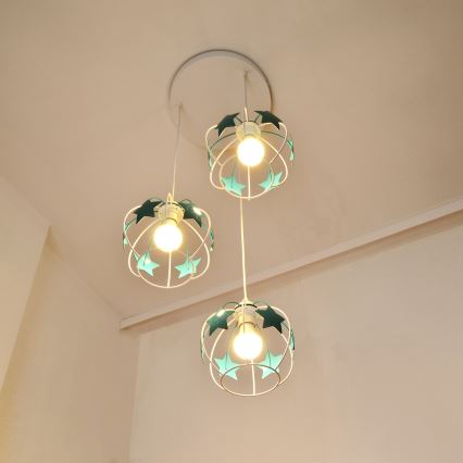Lampadario a sospensione per bambini STARS 3xE27/15W/230V turchese/bianco