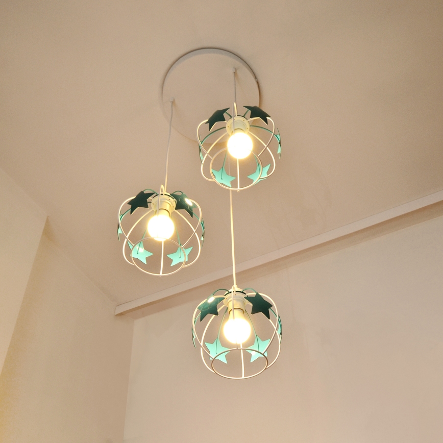 Lampadario a sospensione per bambini STARS 3xE27/15W/230V turchese/bianco