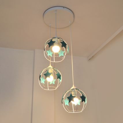 Lampadario a sospensione per bambini STARS 3xE27/15W/230V turchese/bianco