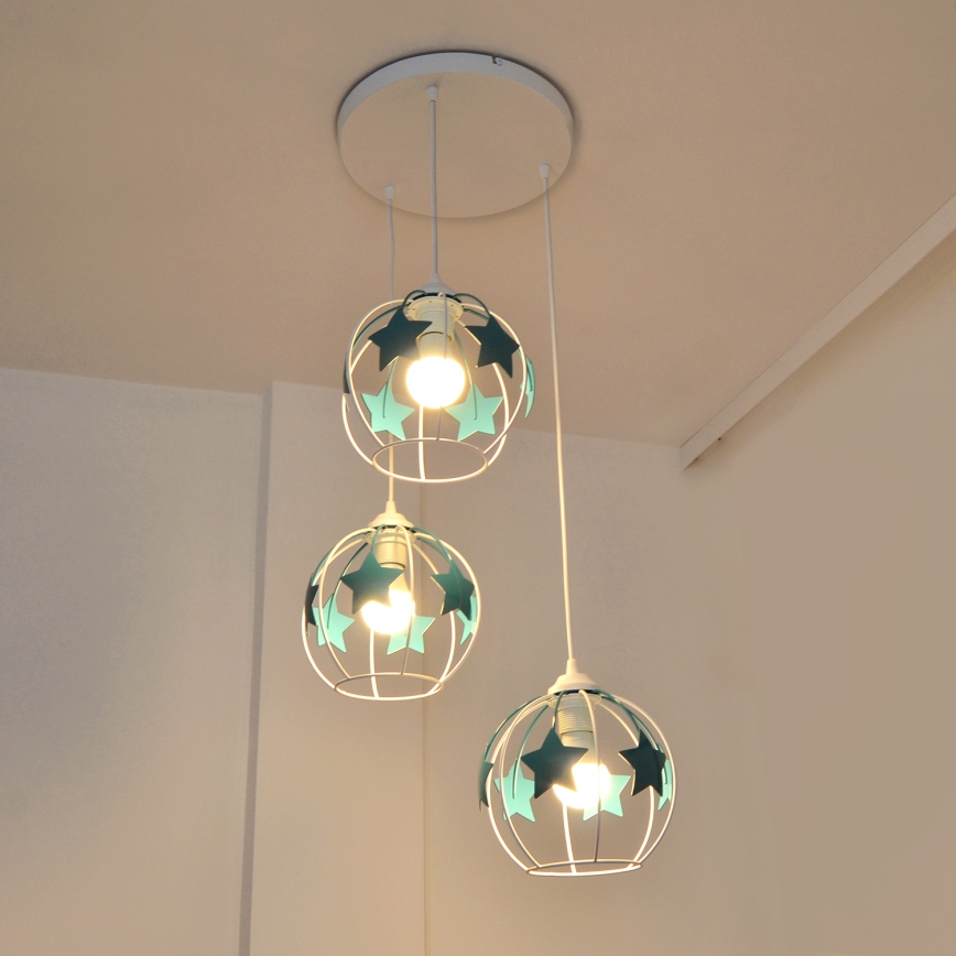 Lampadario a sospensione per bambini STARS 3xE27/15W/230V turchese/bianco