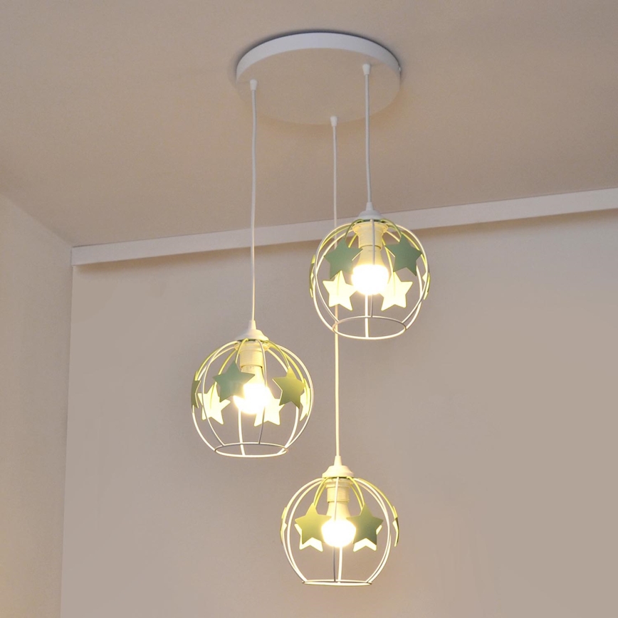 Lampadario a sospensione per bambini STARS 3xE27/15W/230V verde/bianco