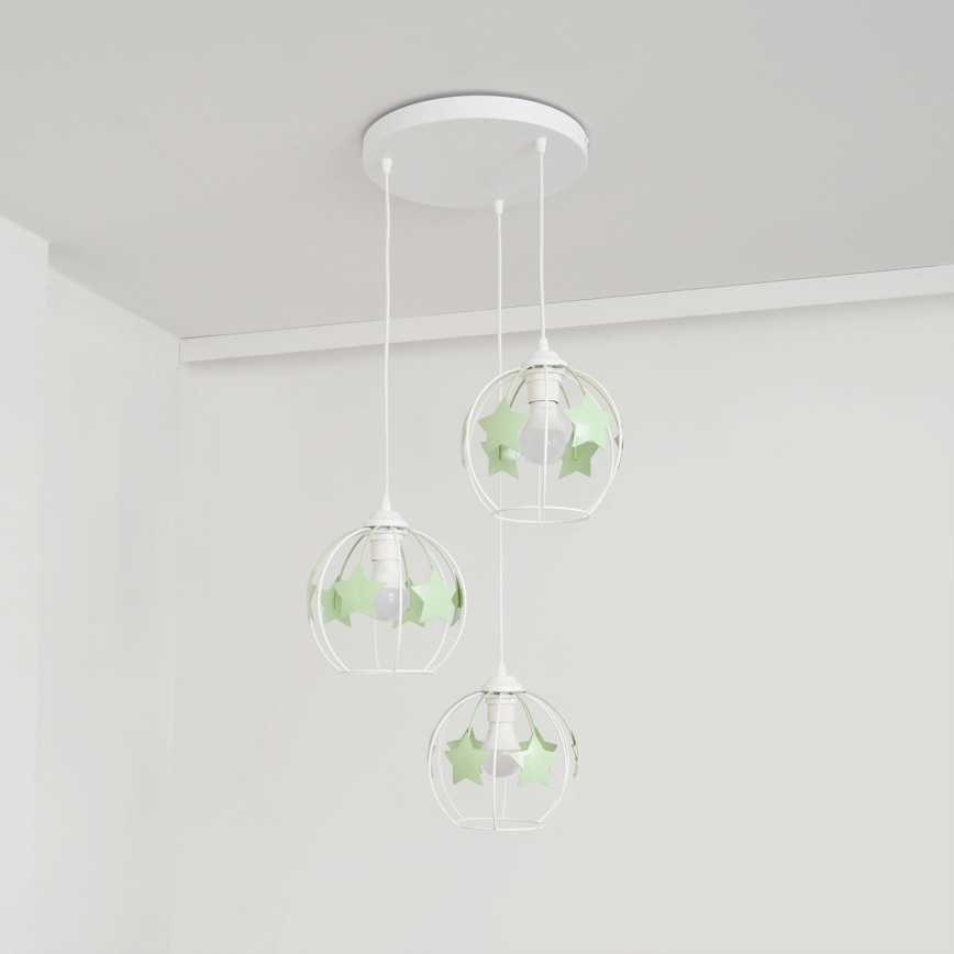 Lampadario a sospensione per bambini STARS 3xE27/15W/230V verde/bianco