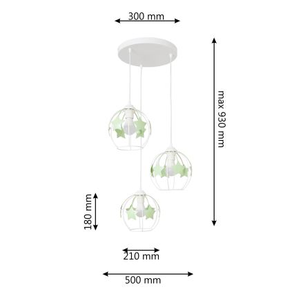 Lampadario a sospensione per bambini STARS 3xE27/15W/230V verde/bianco