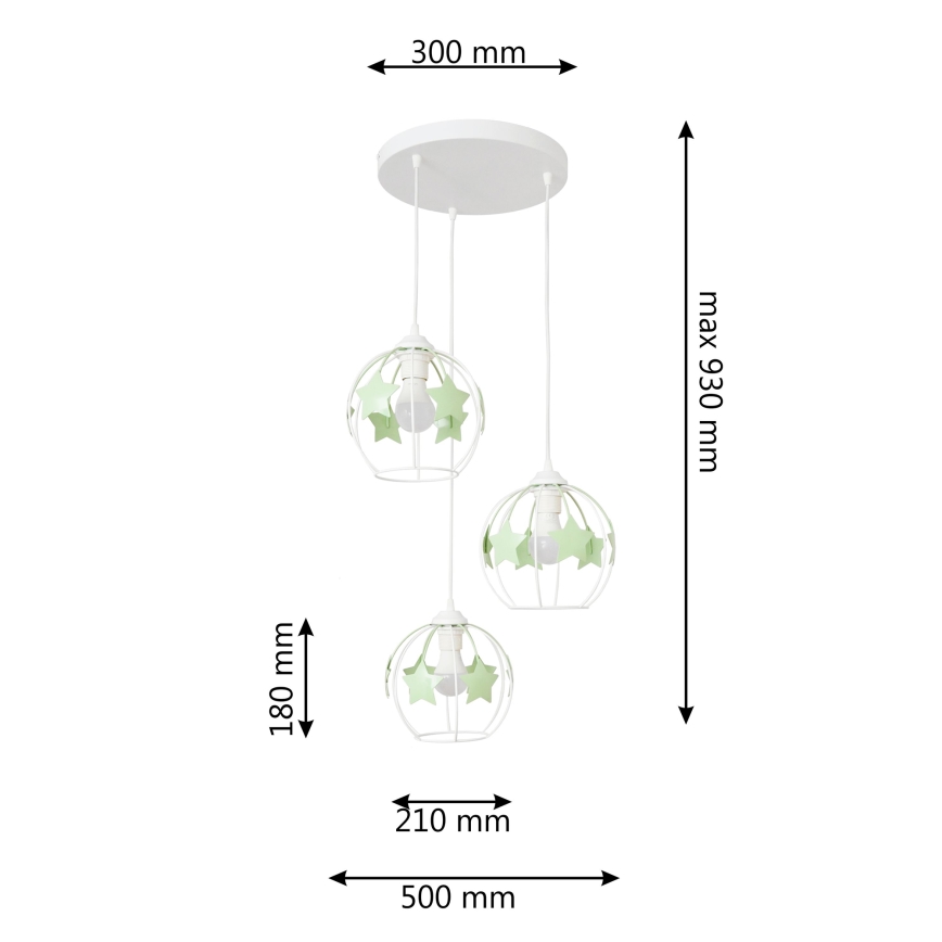 Lampadario a sospensione per bambini STARS 3xE27/15W/230V verde/bianco