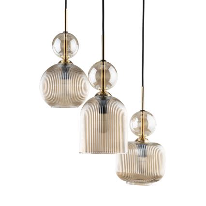 Lampadario a sospensione SOPHIA 3xE14/10W/230V nero/beige fumé