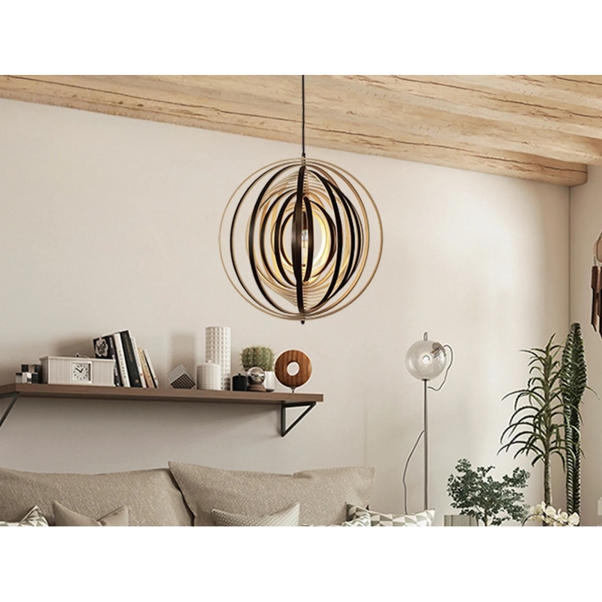 Lampadario in legno sospeso con cavo 1xE27/60W/230V, Ø 50 cm, legno massello/impiallacciatura/Hevea (legno di gomma)