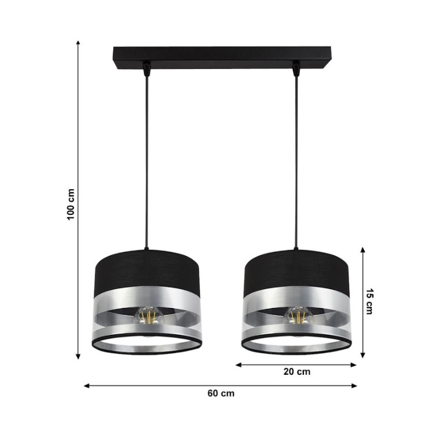 Lampadario su filo MILO 2xE27/60W/230V argento/nero