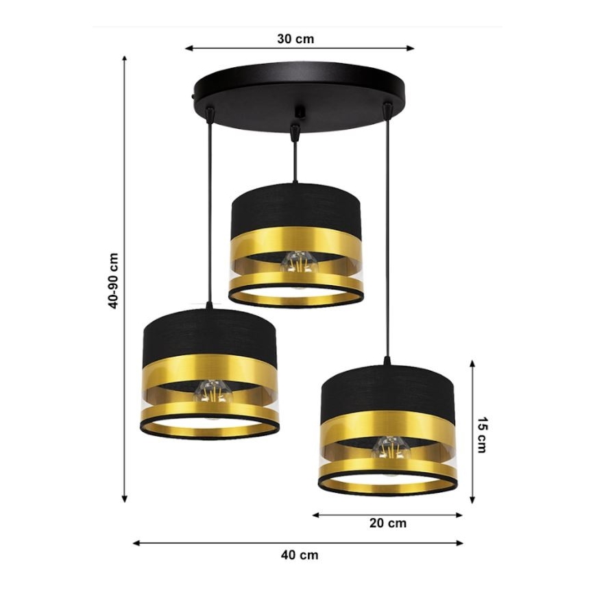Lampadario su filo MILO 3xE27/60W/230V dorato/nero