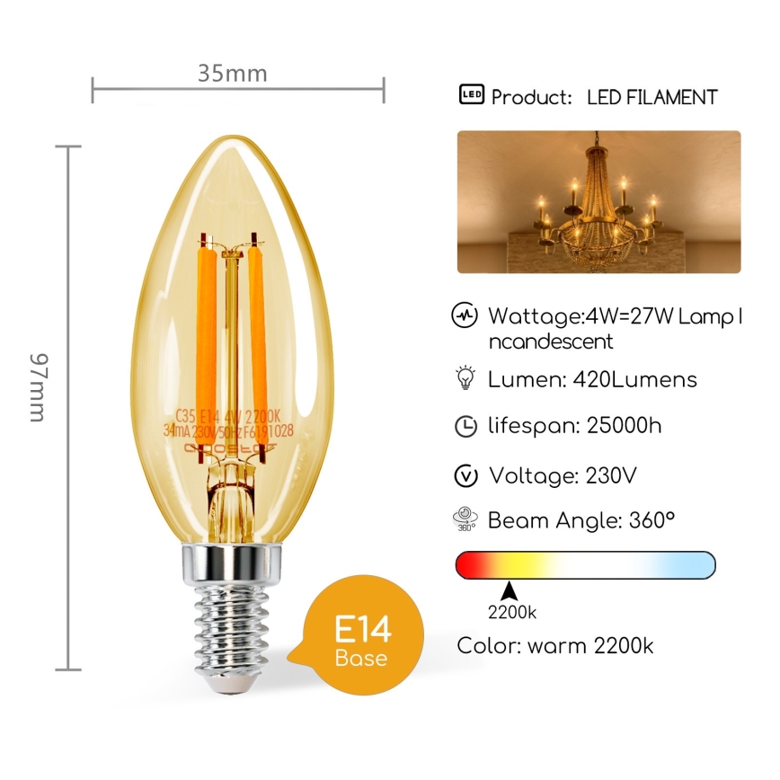 Lampadina LED C35 E14/4W/230V 2200K - Aigostar
