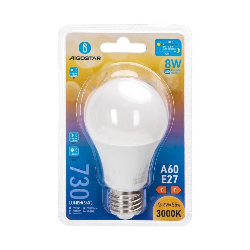Lampadina LED con sensore crepuscolare A60 E27/8W/230V 3000K - Aigostar