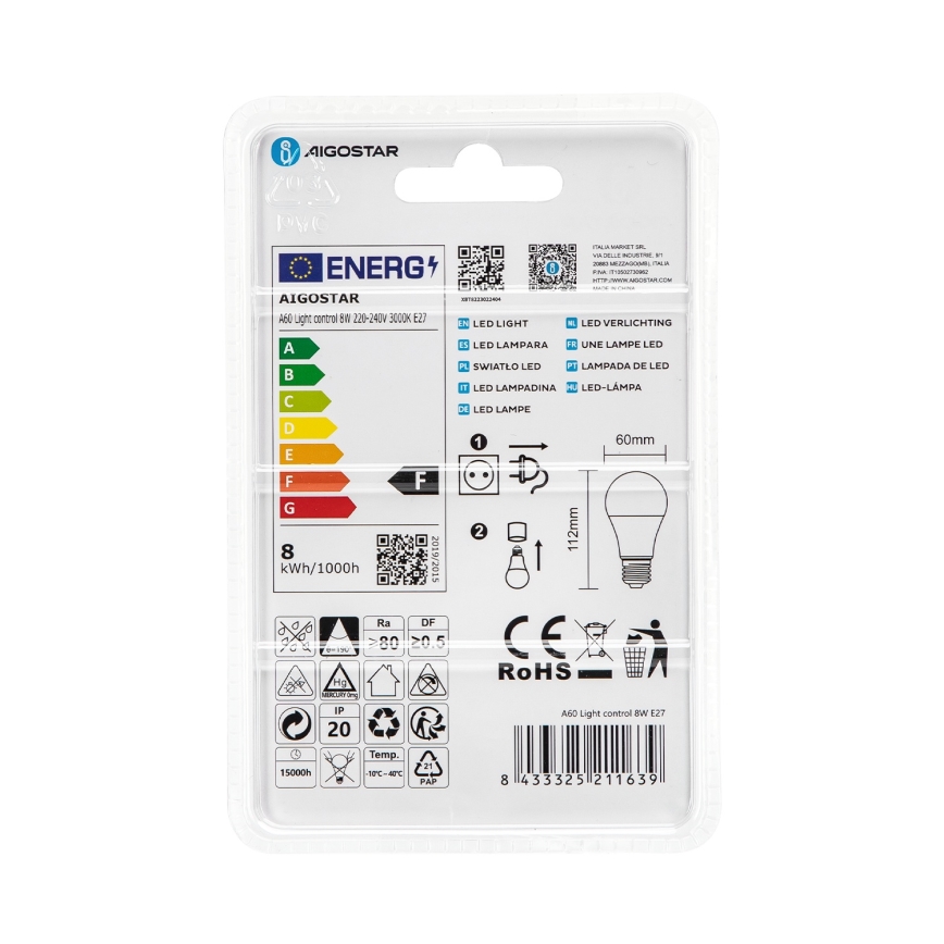Lampadina LED con sensore crepuscolare A60 E27/8W/230V 3000K - Aigostar