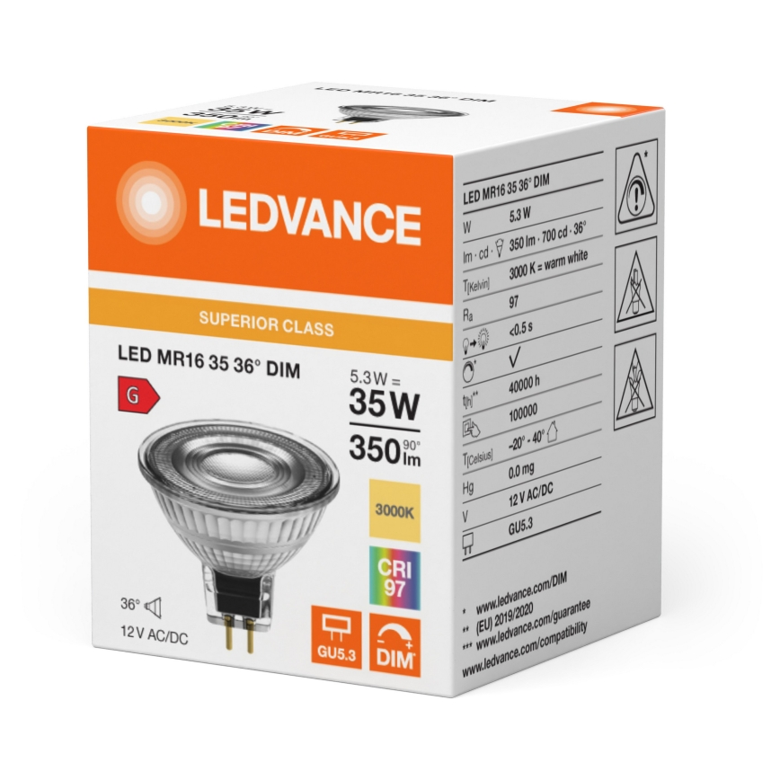Lampadina riflettore LED dimmerabile MR16 GU5,3/5,3W/12V 3000K 36° CRI 97 - Ledvance