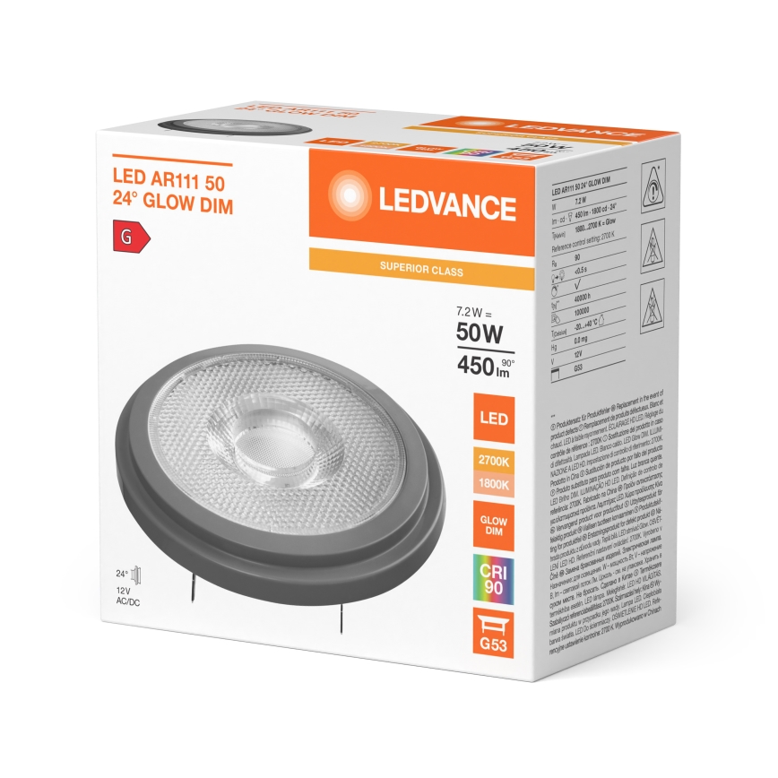 Lampadina LED dimmerabile AR111 G53/7,2W/12V 1800-2700K 24° CRI 90 - Ledvance