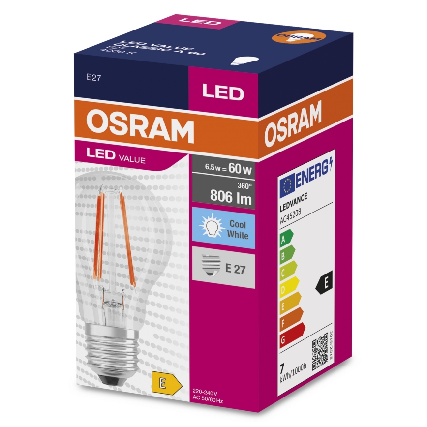 Lampadina LED FILAMENT A60 E27/6,5W/230V 4000K - Osram