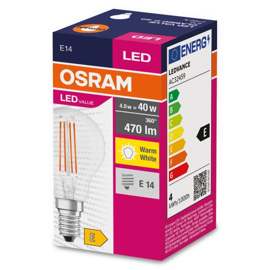 Lampadina LED FILAMENT P40 E14/4W/230V 2700K - Osram