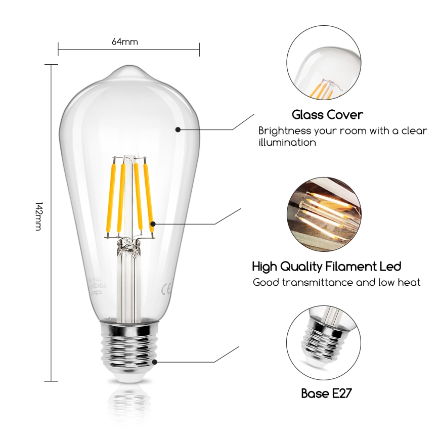 Lampadina LED FILAMENT ST64 E27/6W/230V 2700K - Aigostar