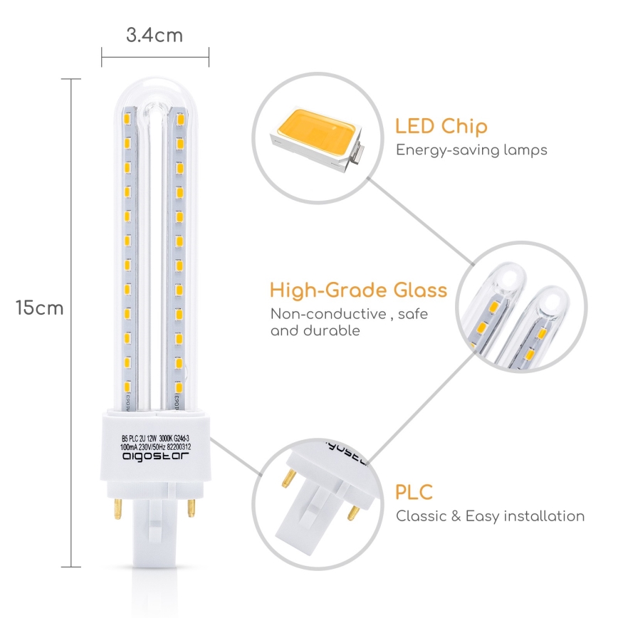 Lampadina LED G24D-3/12W/230V 3000K - Aigostar