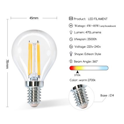 Lampadina LED G45 E14/4W/230V 2700K - Aigostar