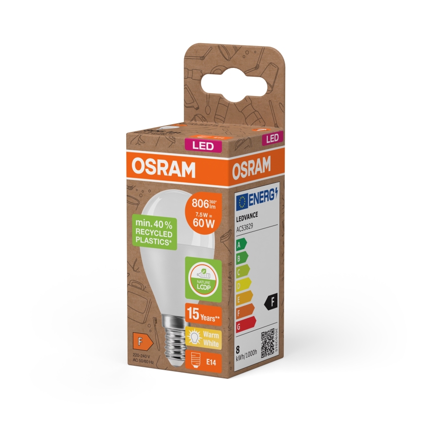 Lampadina LED in plastica riciclata P45 E14/7,5W/230V 2700K - Osram