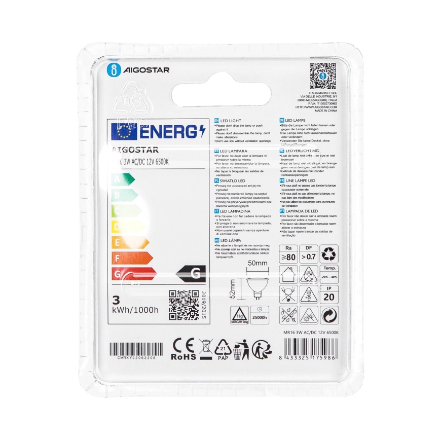 Lampadina LED MR16 GU5,3/3W/12V 6500K - Aigostar