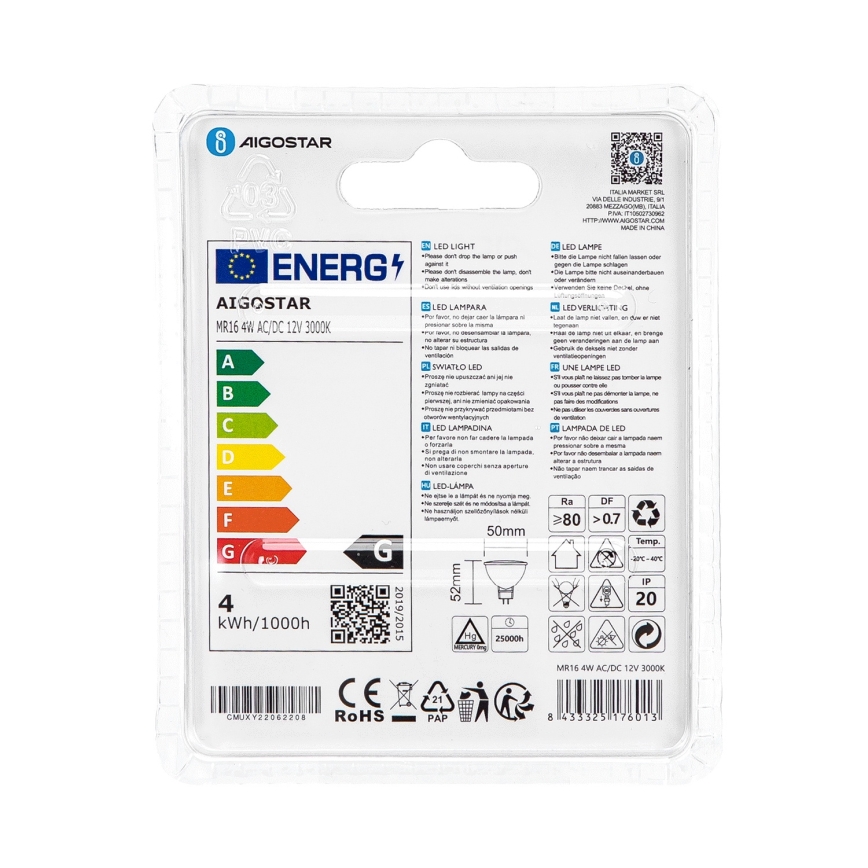 Lampadina LED MR16 GU5,3/4W/12V 3000K - Aigostar