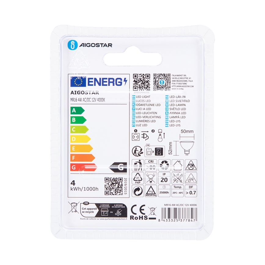 Lampadina LED MR16 GU5,3/4W/12V 4000K - Aigostar