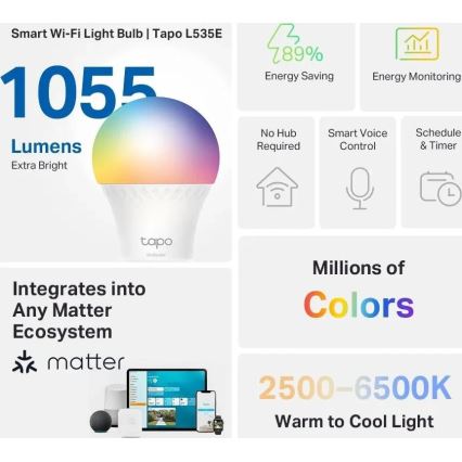 Lampadina LED RGBW dimmerabile MATTER A60 E27/8,6W/230V 2500-6500K Wi-Fi - TP-Link