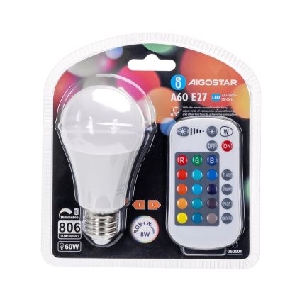 Lampadina LED RGBW dimmerabile E27/8W/230V 3000K + telecomando - Aigostar
