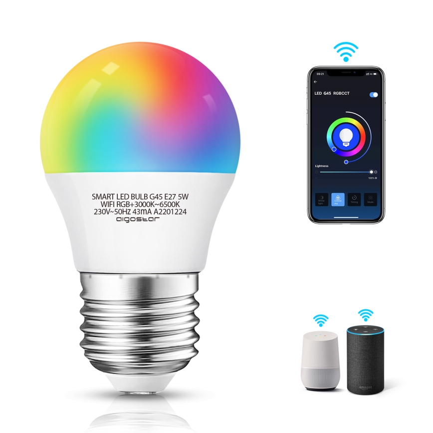 Lampadina LED RGBW dimmerabile G45 E27/5W/230V 3000-6500K Wi-Fi - Aigostar