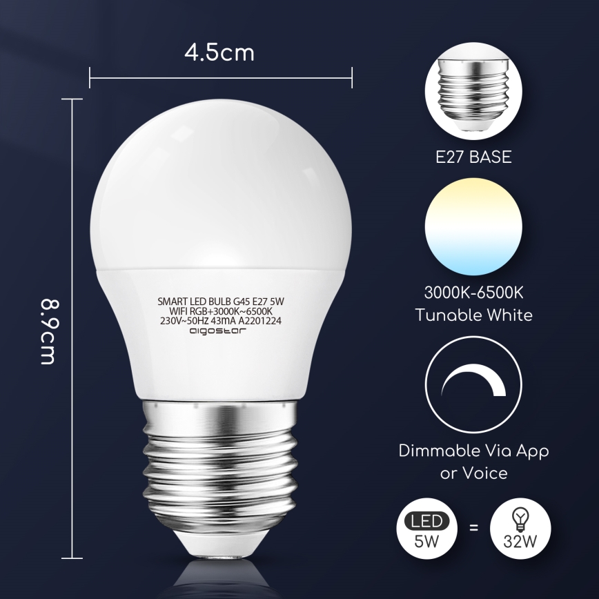 Lampadina LED RGBW dimmerabile G45 E27/5W/230V 3000-6500K Wi-Fi - Aigostar