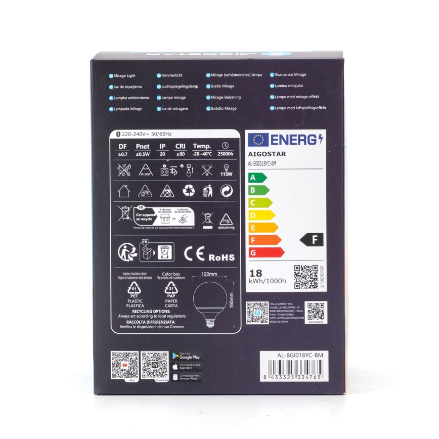 Lampadina dimmerabile LED RGBW MESH G120 E27/18W/230V 6500K con telecomando - Aigostar