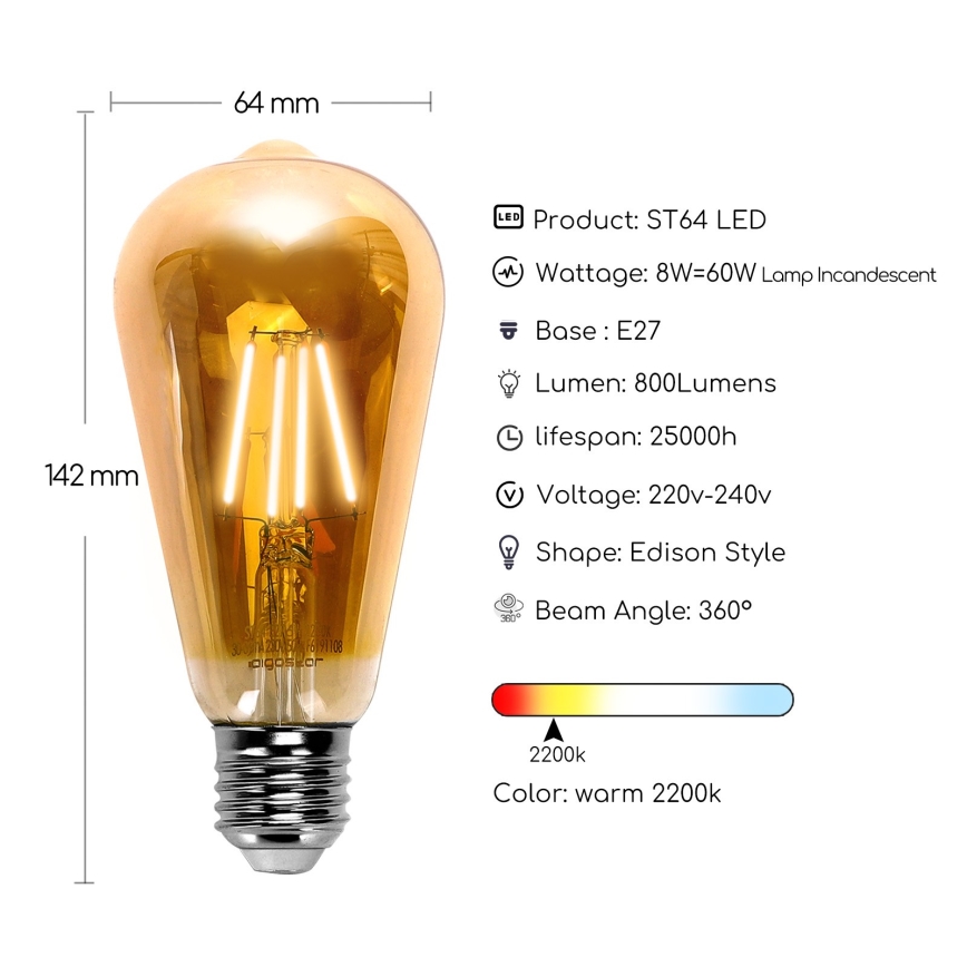 Lampadina LED ST64 E27/8W/230V 2200K - Aigostar
