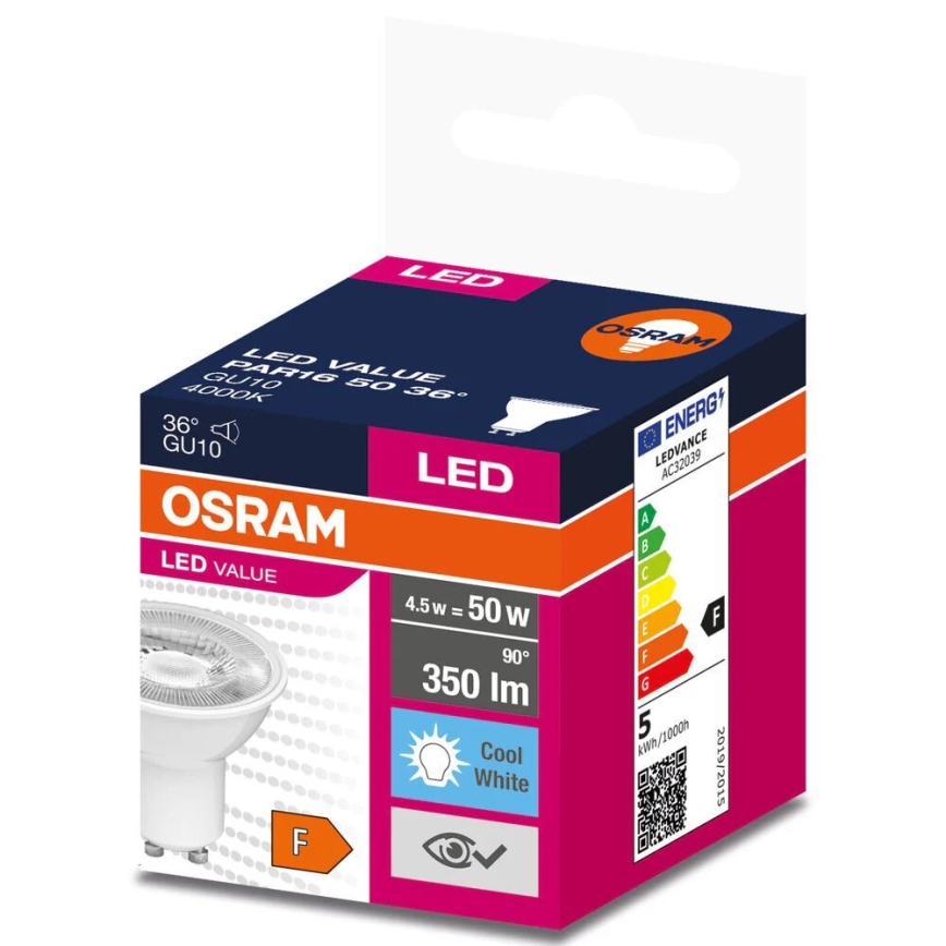 Lampadina LED VALUE PAR16 GU10/4,5W/230V 4000K 36° bianco - Osram