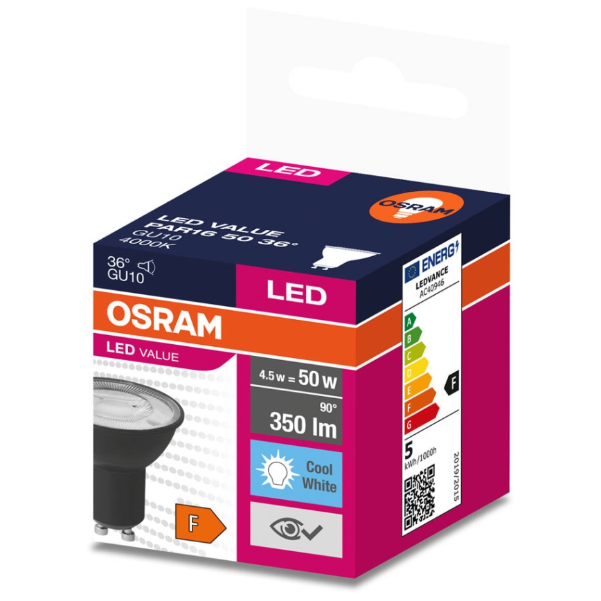 Lampadina LED VALUE PAR16 GU10/4,5W/230V 6500K 36° nero - Ledvance