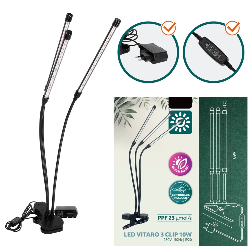 Lampe de table flexible à intensité variable avec pince pour la culture de plantes VITARO 3xLED/10W/230V noir
