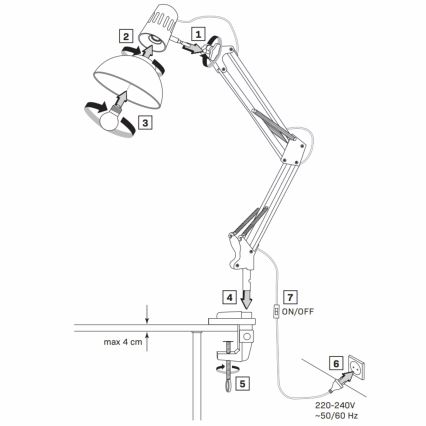 Lampe de bureau à pince WORKER 1xE27/10W/230V blanche