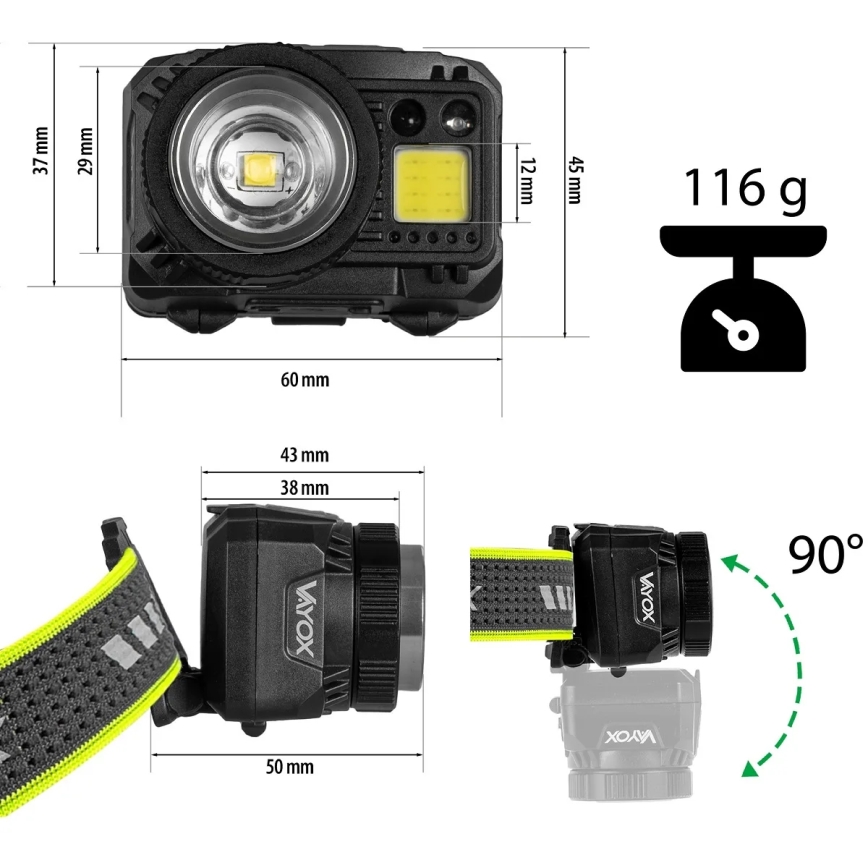Lampe frontale LED rechargeable à intensité réglable, dotée d'un capteur et d'un éclairage rouge LED/6W/5V/3xAAA IP66 500 lm 1200 mAh