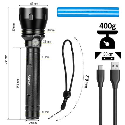 Lampe torche rechargeable LED dimmable LED/20W/5V IPX5 1570 lm 8400 mAh
